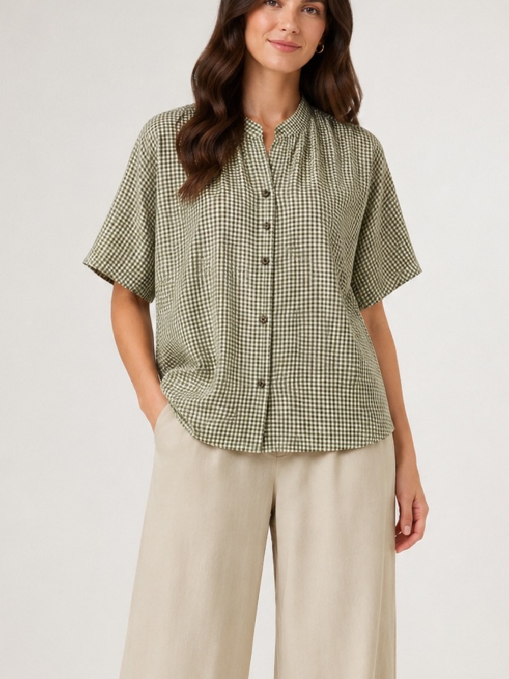 Eileen Fisher Puckered Organic Linen Mandarin Collar Short-Sleeve Shirt medium